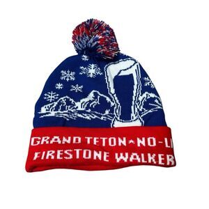 LNC Grand Teton No-Li Firestone Walker Blue and Red Knit Beanie with Pom Pom